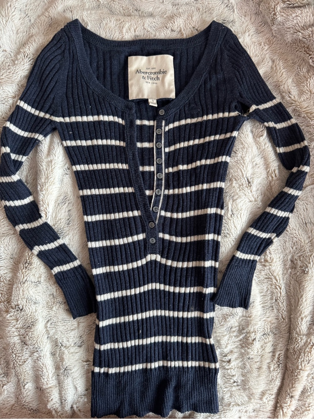 Abercrombie & Fitch Navy & White Striped Ribbed Henley Sweater